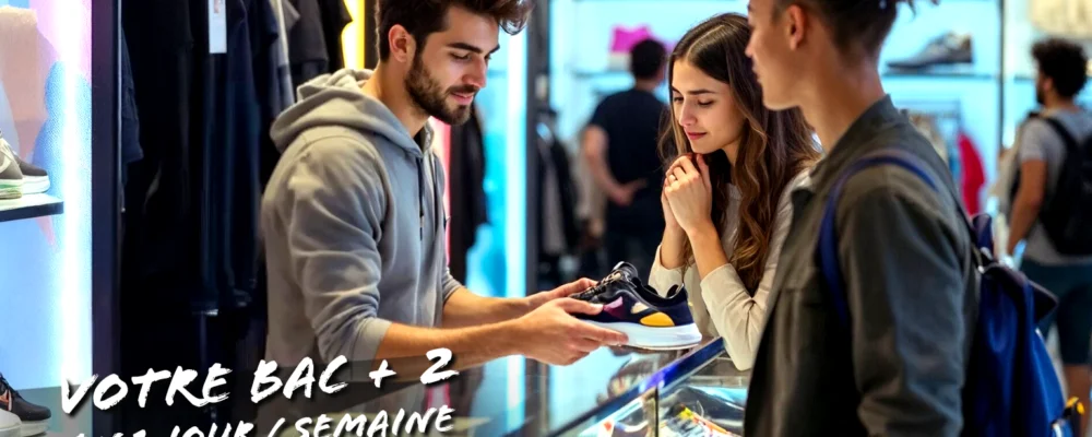 Vendeur de chaussures en alternance en train de présenter des modèles à ses clients