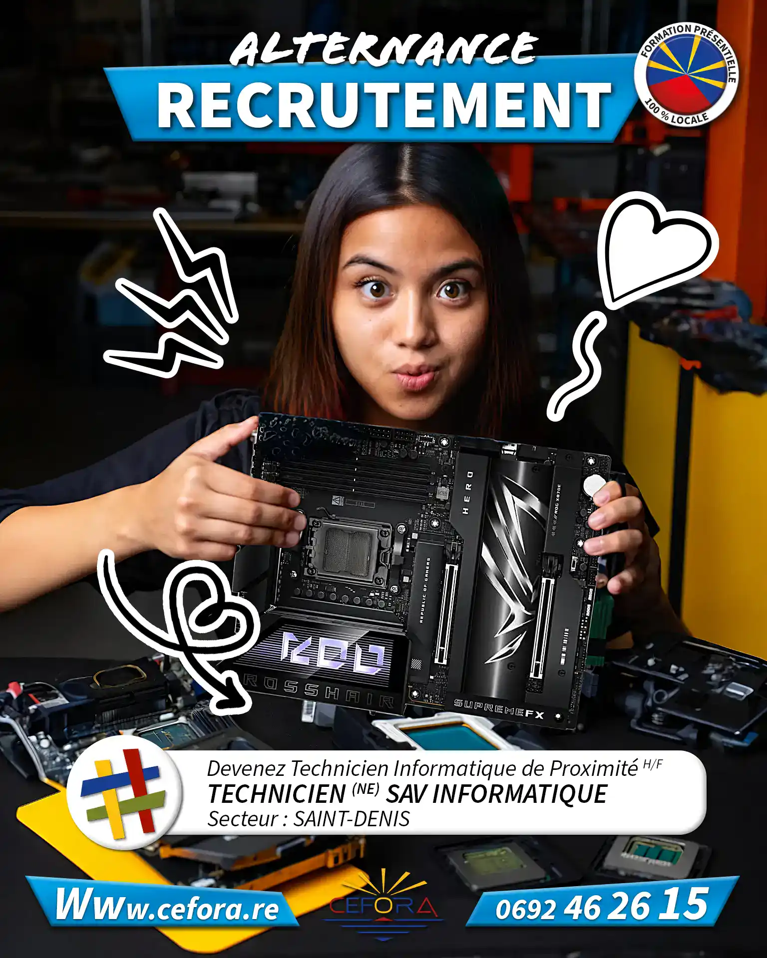 Jeune technicienne informatique en alternance en train de faire le montage d'un PC gamer.
