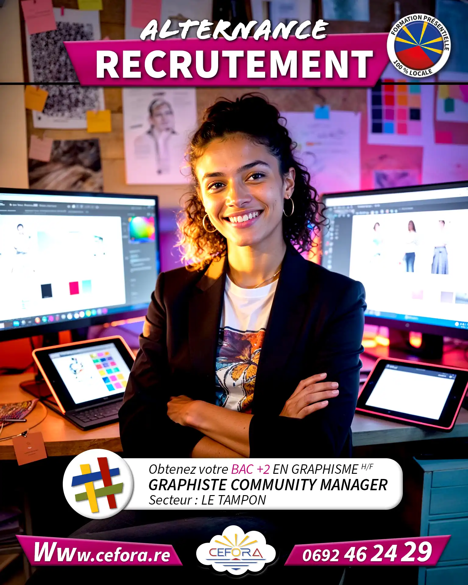 Jeune graphiste community manager posant devant son poste de travail. Elle prépare son Titre Professionnel de Graphiste en alternance.
