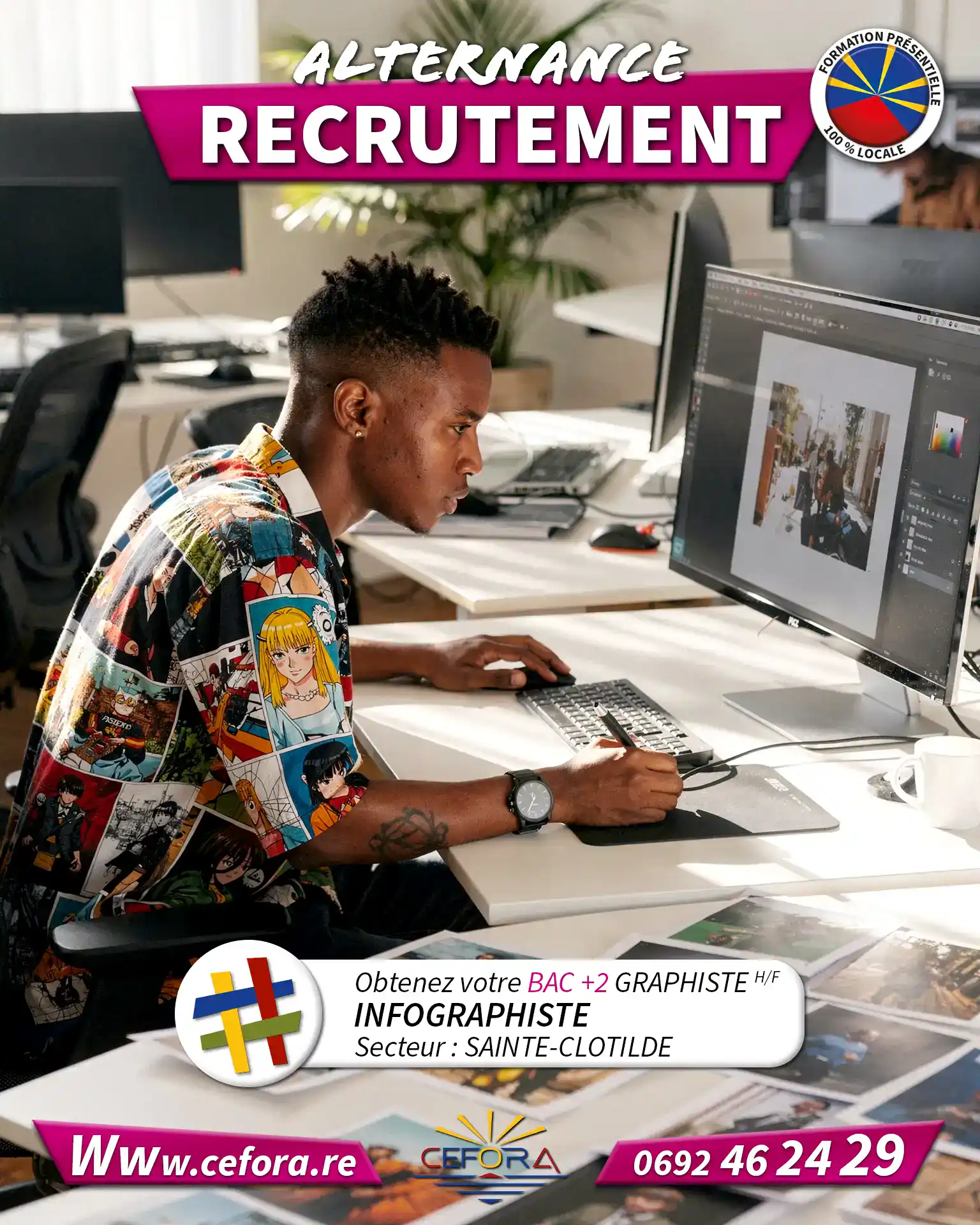 Jeune infographiste en train de réaliser un visuel sur Adobe Photoshop. Trvaille en Alternance pour obtenir son BAC +2 Graphiste chez CEFORA