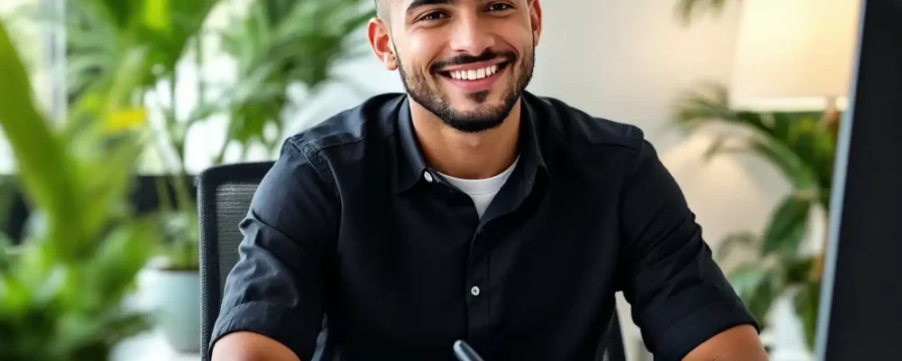 Image représentant un jeune homme travaillant en alternance comme secrétaire d'accueil pour obtenir son titre professionnel d'Assistant de Direction au centre de formation CEFORA