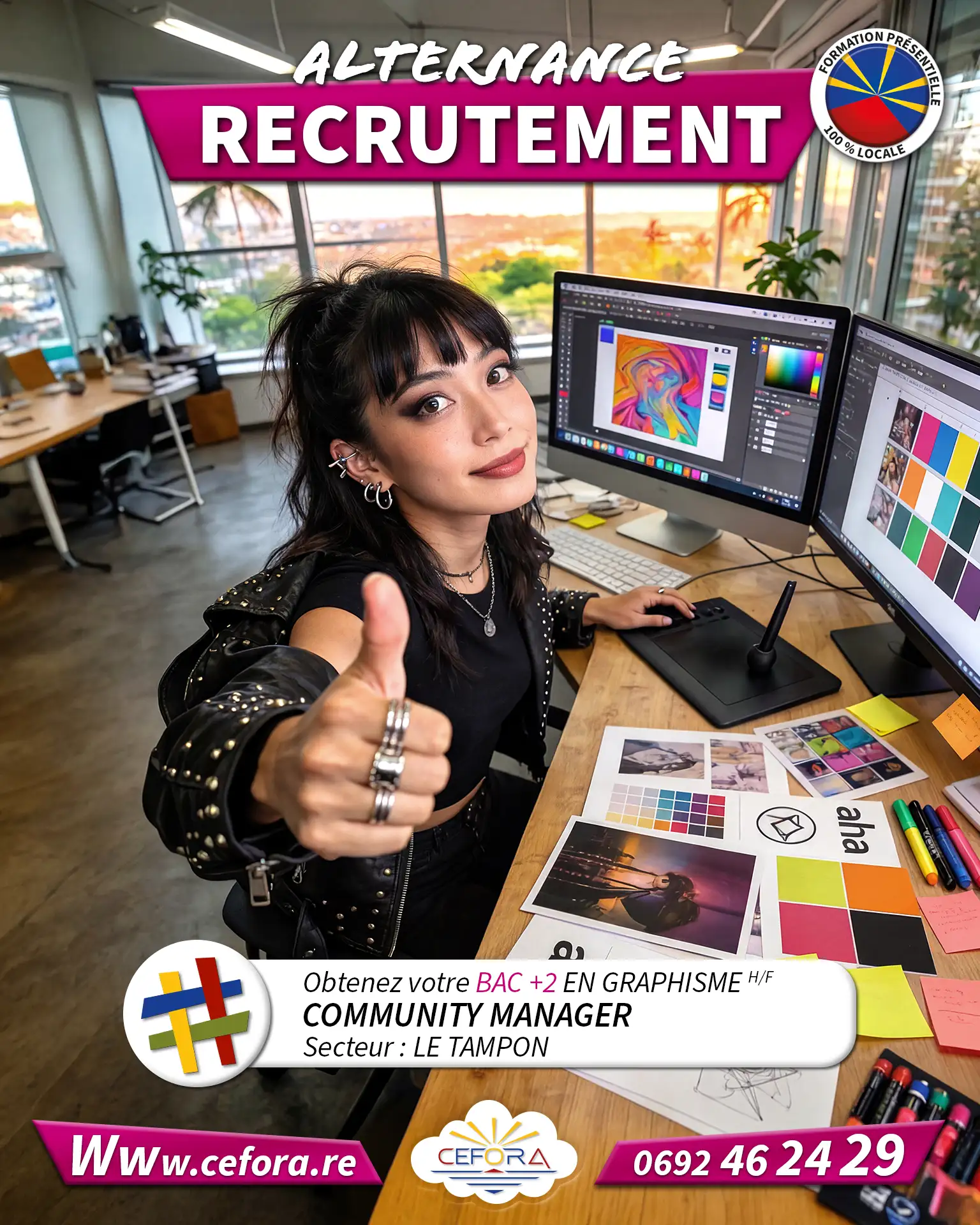 Jeune community manager en train de créer des visuels pour les réseaux sociaux