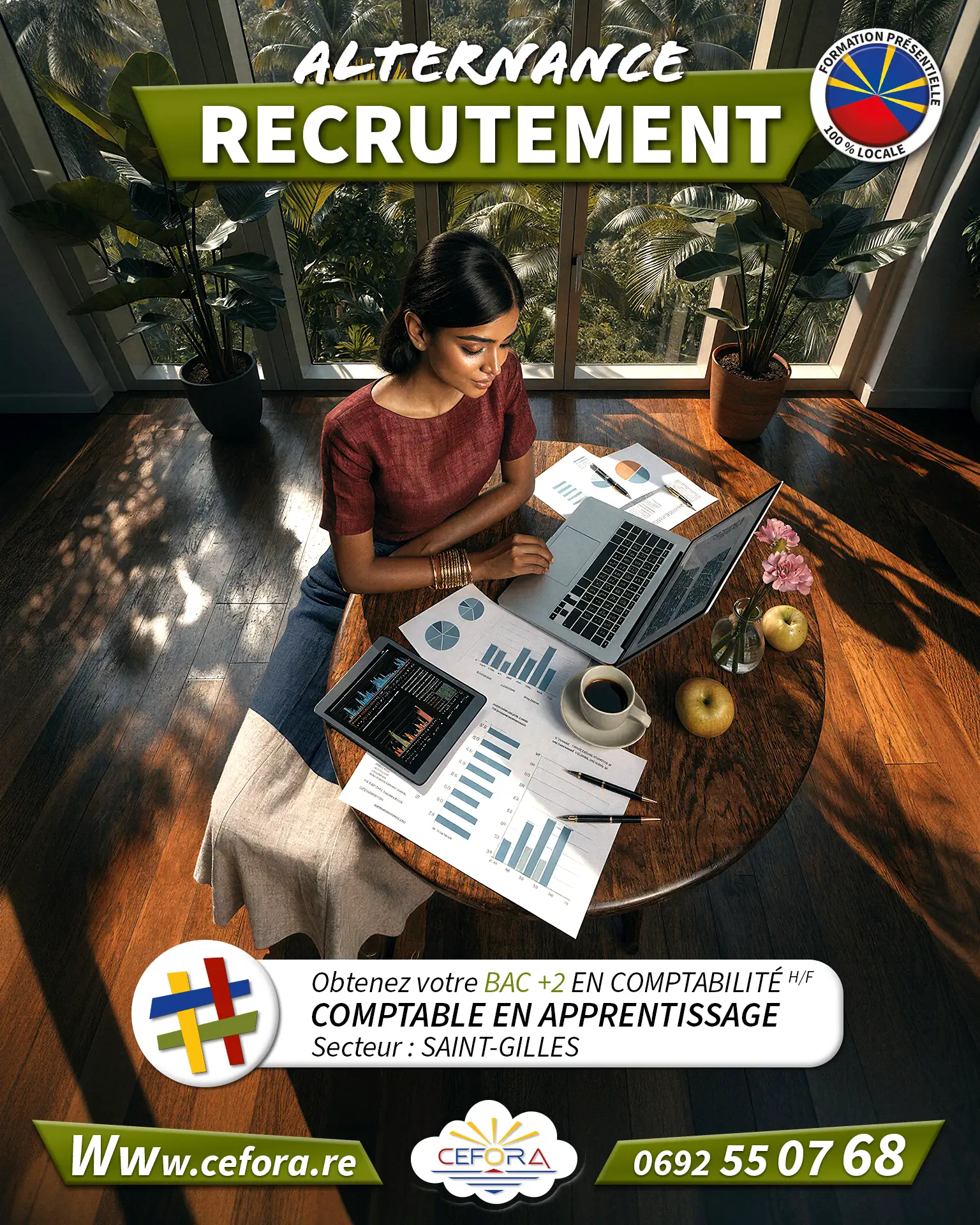 Jeune Apprentie comptable travaillant en alternance pour obtenir un titre professionnel de Gestionnaire Comptable et Fiscal au centre de formation CEFORA, à La Réunion 974.