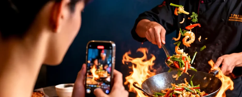 Jeune community travaillant en alternance manager en train de filmer un cuisinier