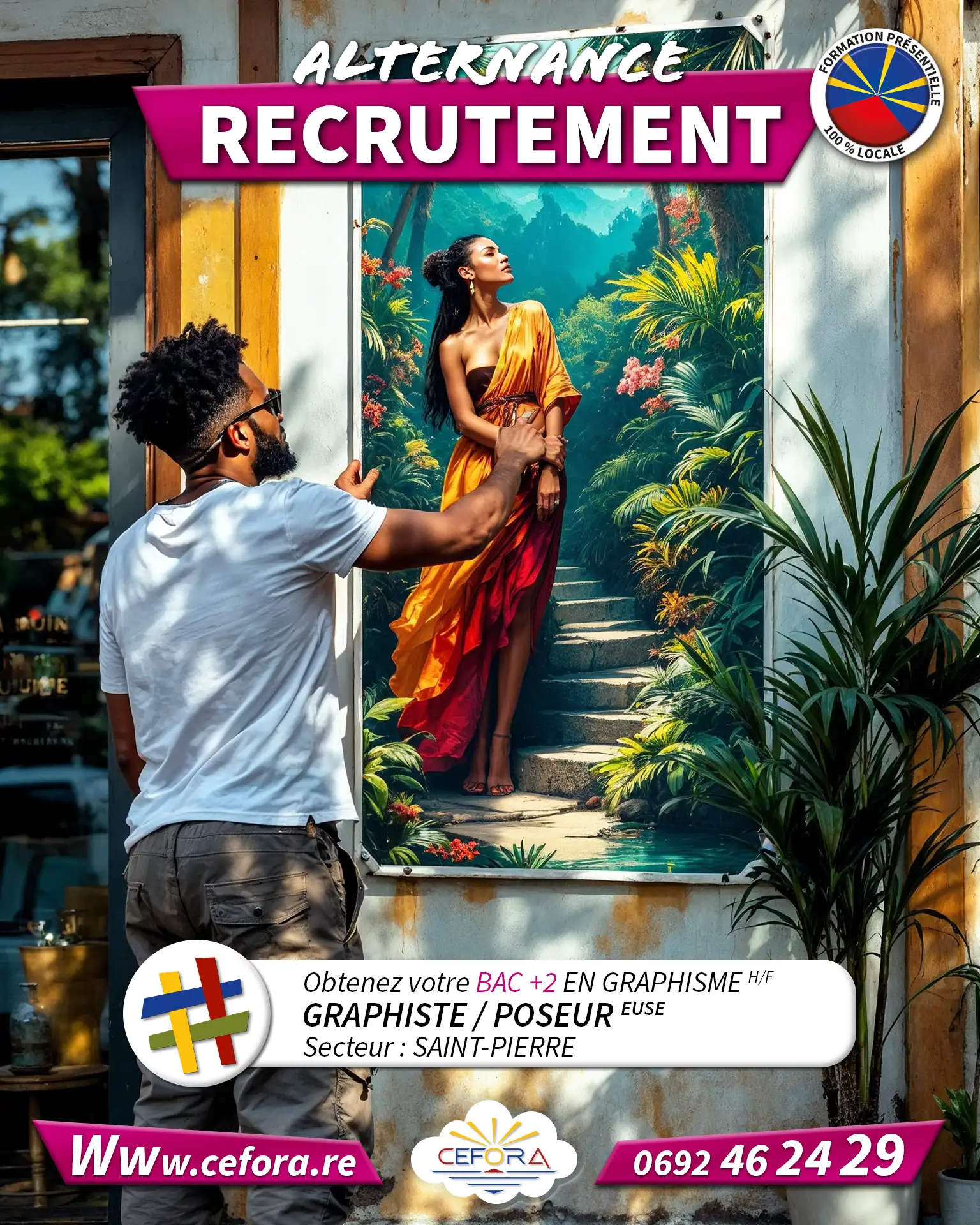 Jeune poseur de panneaux travaillant an alternance pour obtenir son BAC +2 Graphiste au centre de formation CEFORA, à La Réunion 974