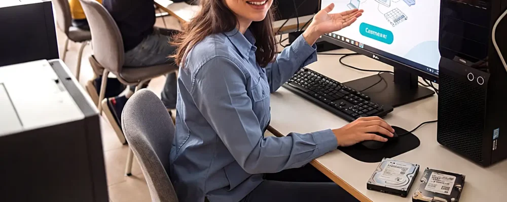 Jeune technicienne en informatique travaillant en alternance dans une école primaire