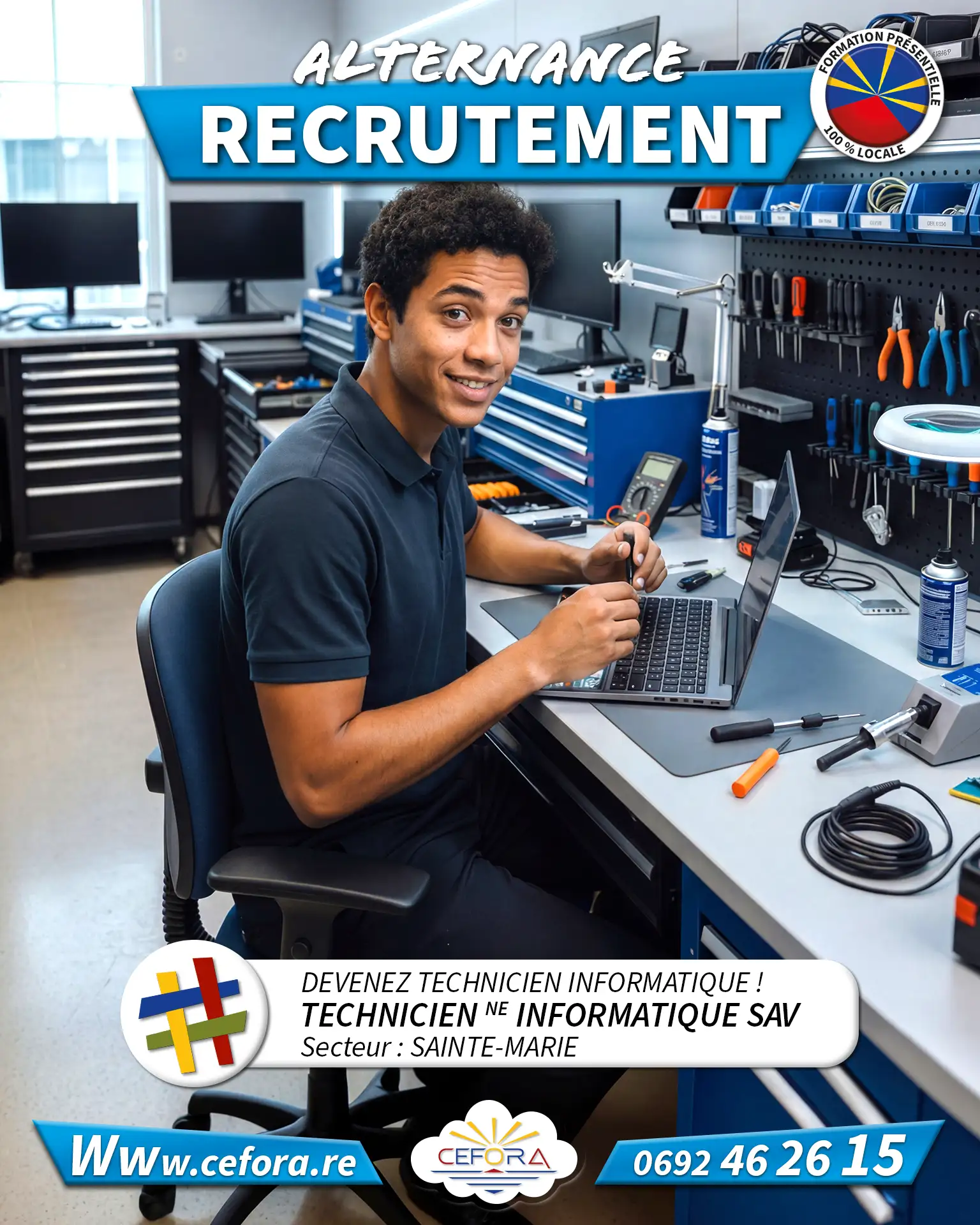 Jeune technicien informatique en train de travailler en alternance dans un atelier de SAV