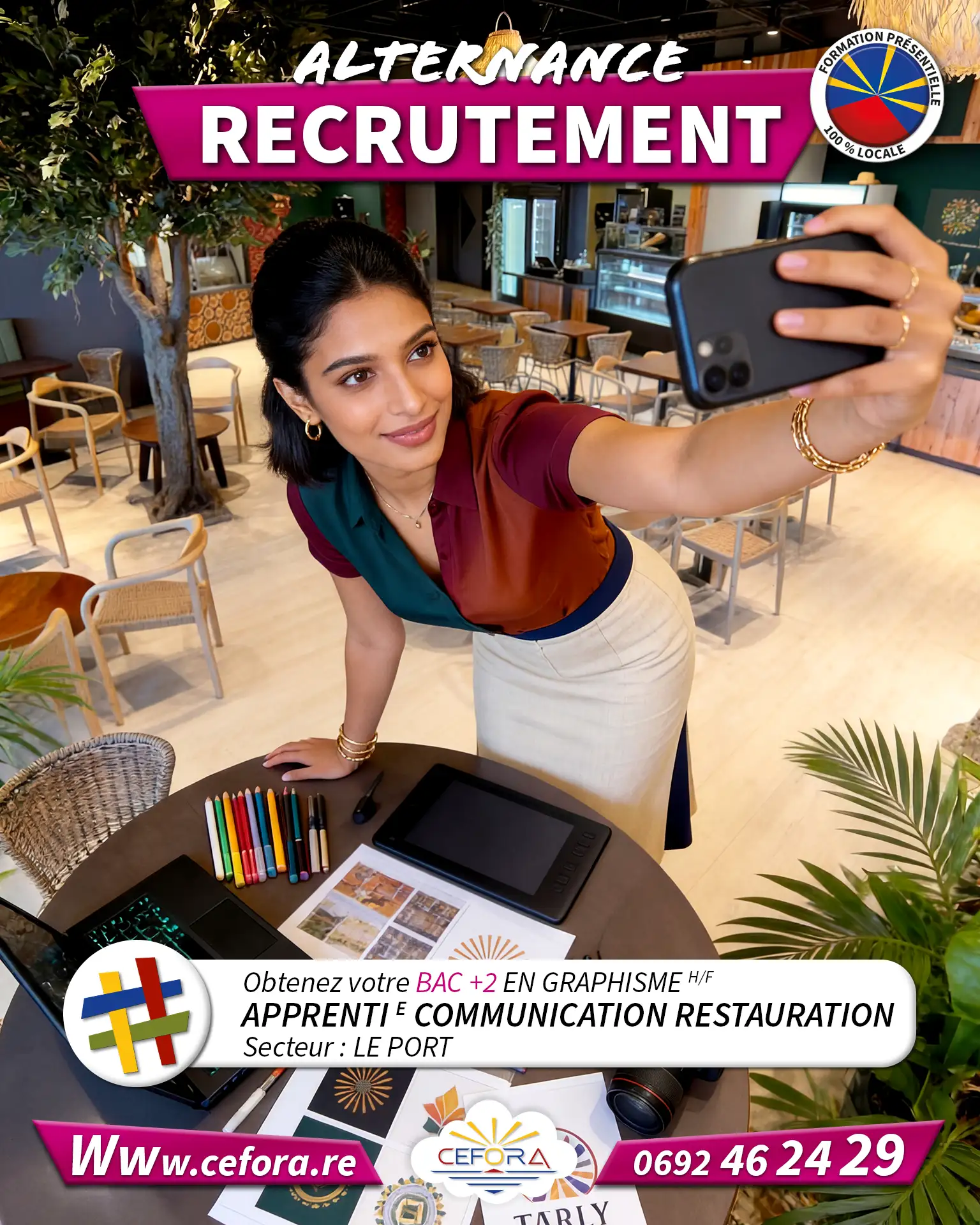 Jeune apprentie en communication travaillant en alternance dans le domaine de la restauration à la réunion 974
