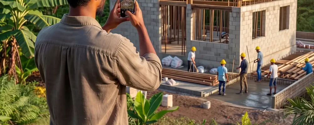 Jeune chargé de communication travaillant en alternance pour obtenir son BAC +2 Graphiste. Il photographie un chantier avec son smartphone pour communiquer sur les réseaux sociaux
