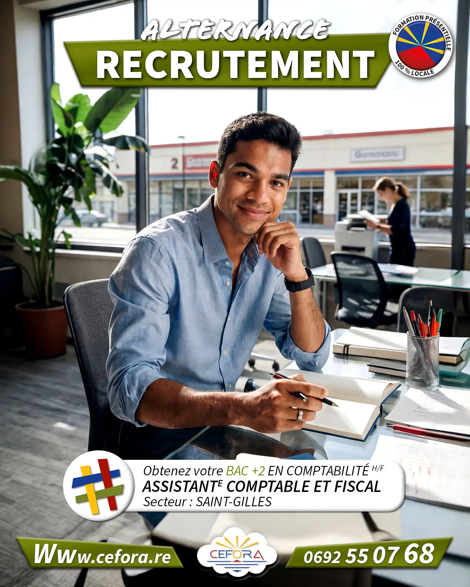 Jeune assistant comptable et fiscal travaillant en alternance dans une société commerciale à La Réunion 974