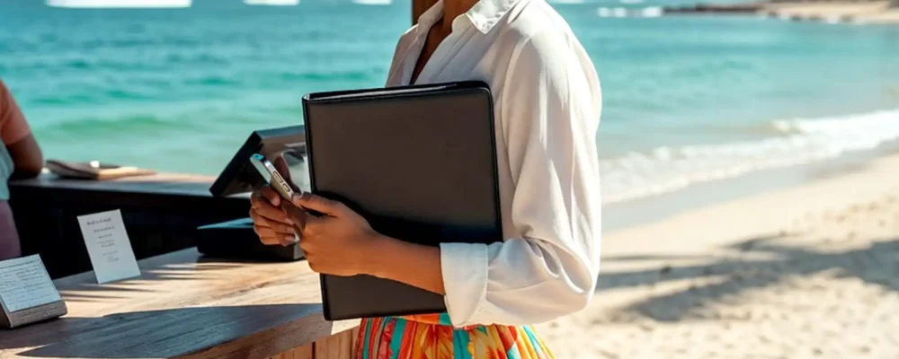 Jeune assistante de direction travaillant en alternance dans un restaurant de plage pour passer son titre professionnel d'Assistant de Direction BAC +2