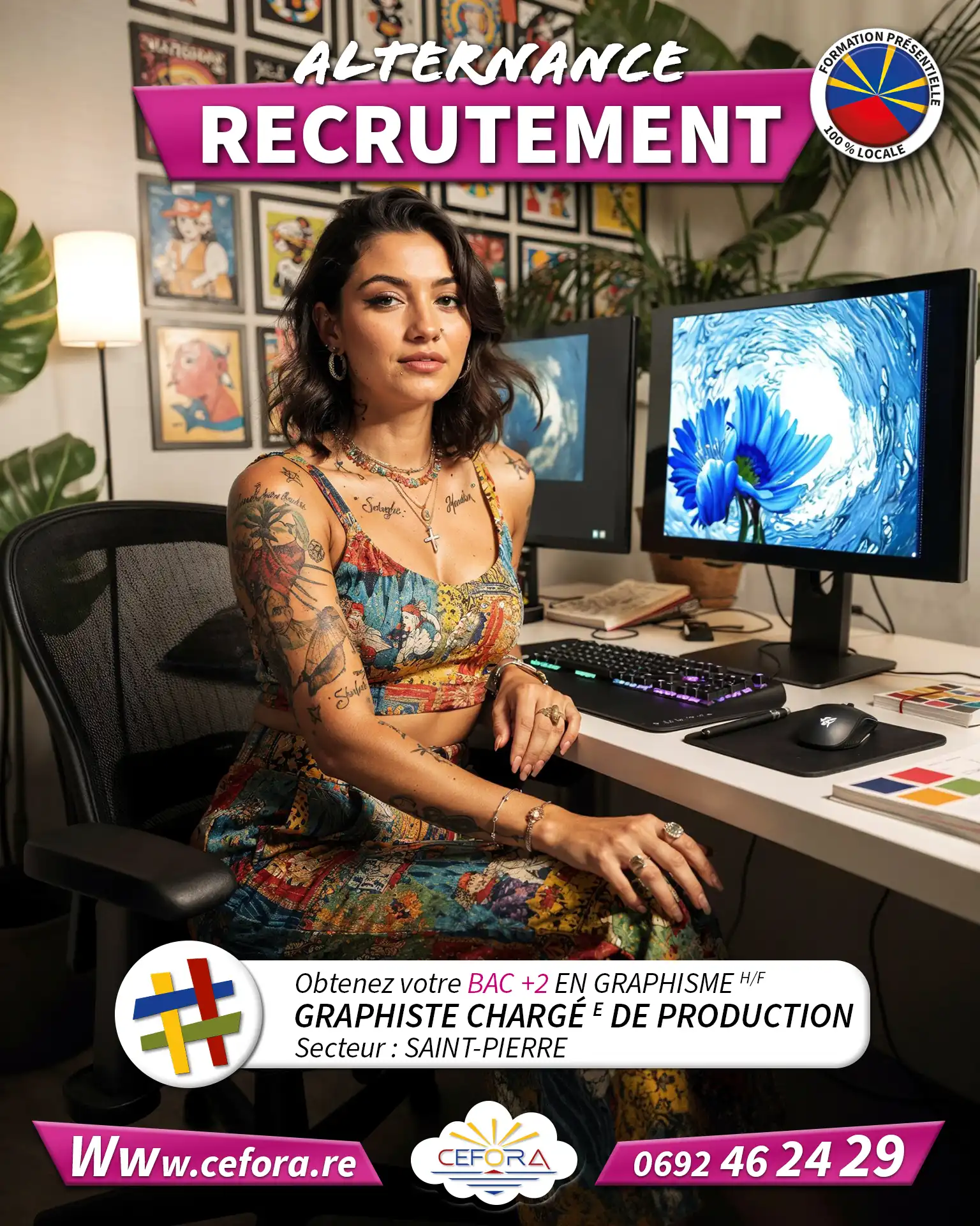 Jeune graphiste, chargée de production, travaillant en alternance dans une imprimerie pour obtenir son BAC +2 graphiste.