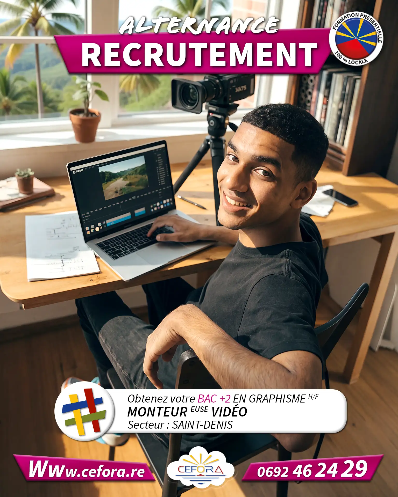 Jeune monteur vidéo travaillant en alternance dans une agence créative pour obtenir son BAC +2 Graphiste