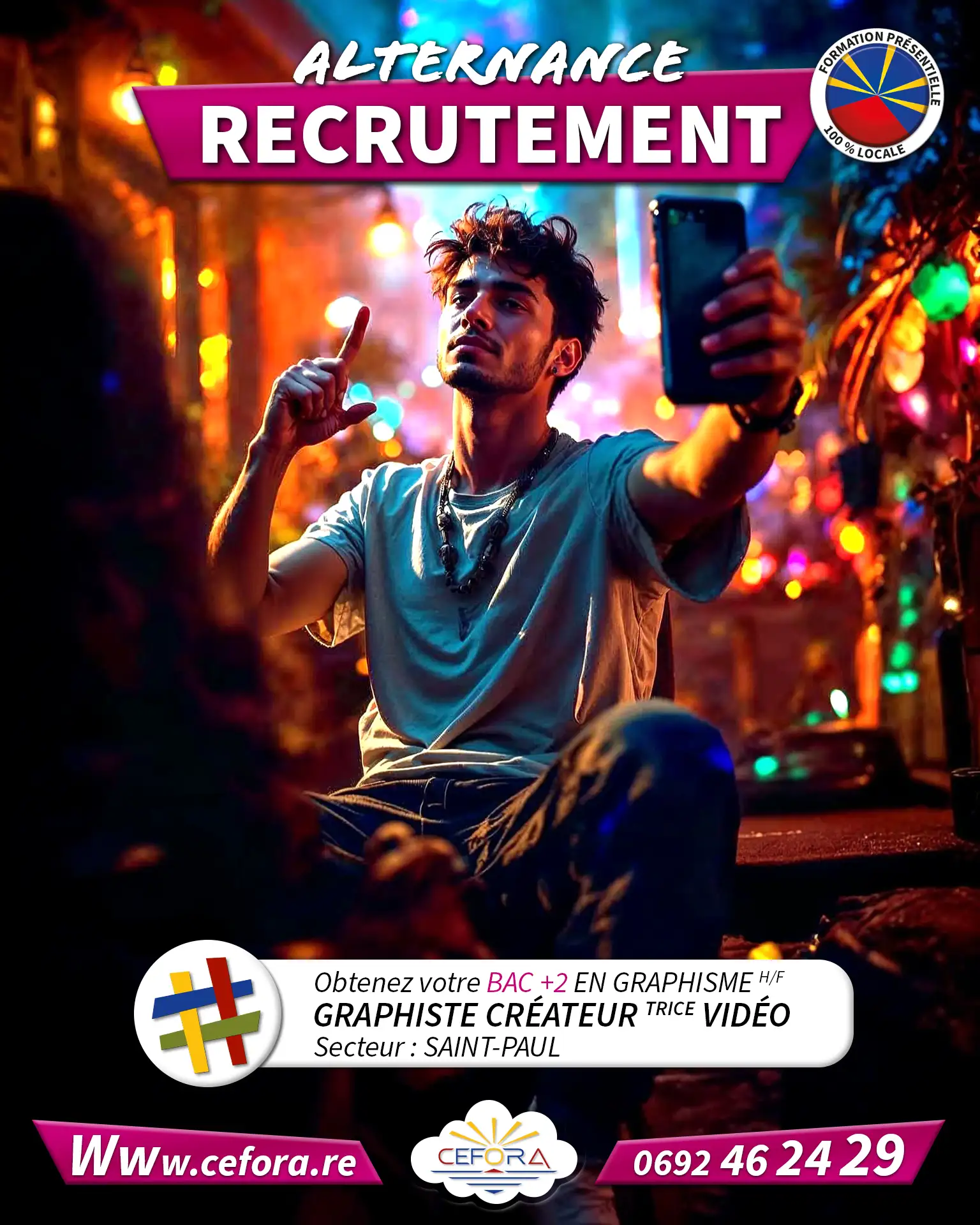 Visuel représentant un influenceur en train de se filmer pour faire la promotion de la formation en alternance de Graphiste au centre de formation CEFORA