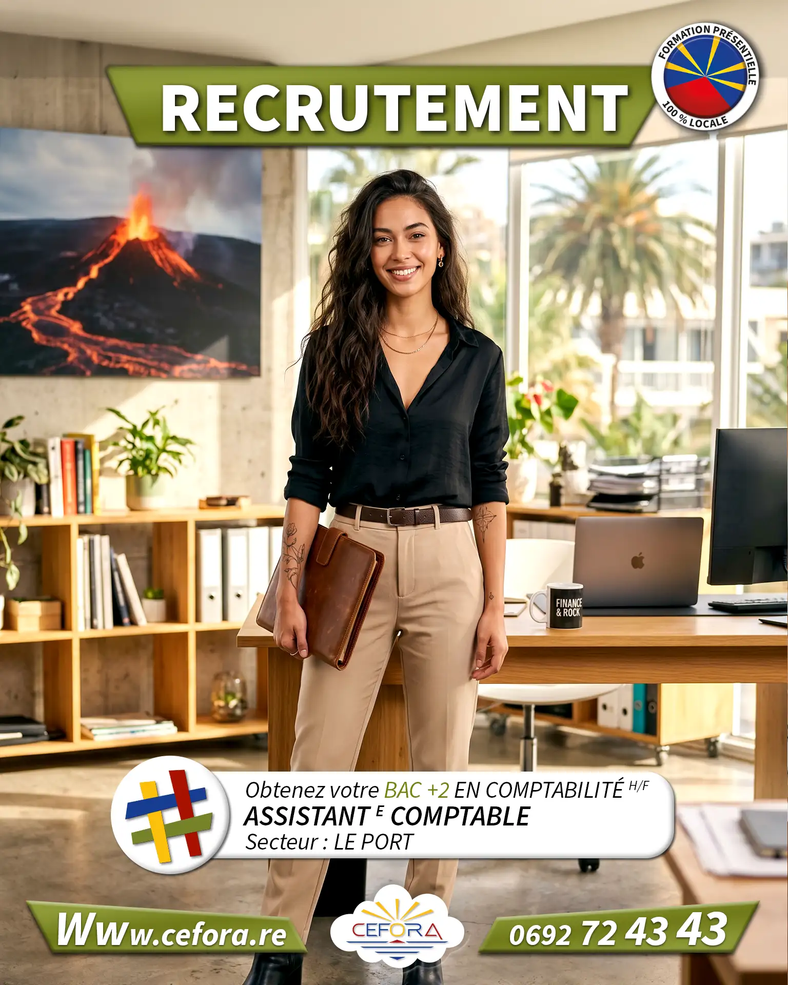 Jeune apprentie comptable en alternance posant dans un beau bureau