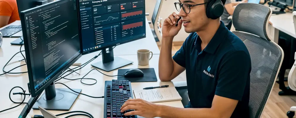 Visuel d'offre d'emploi représentant un jeune technicien informatique en alternance à un poste de support utilisateur à distance