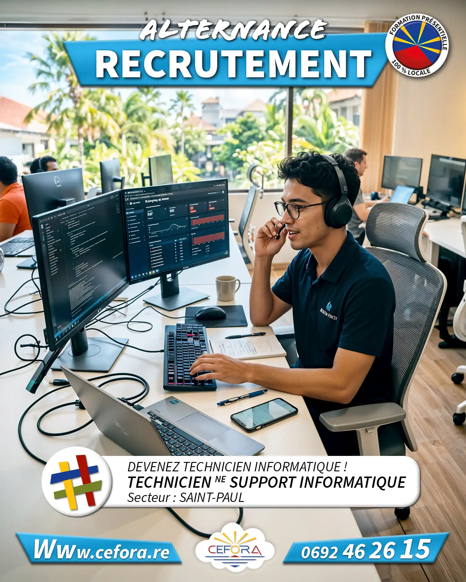 Visuel d'offre d'emploi représentant un jeune technicien informatique en alternance à un poste de support utilisateur à distance