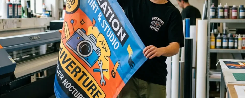Jeune créatif travaillant en alternance dans une imprimerie pour passer son diplôme de graphiste BAC +2