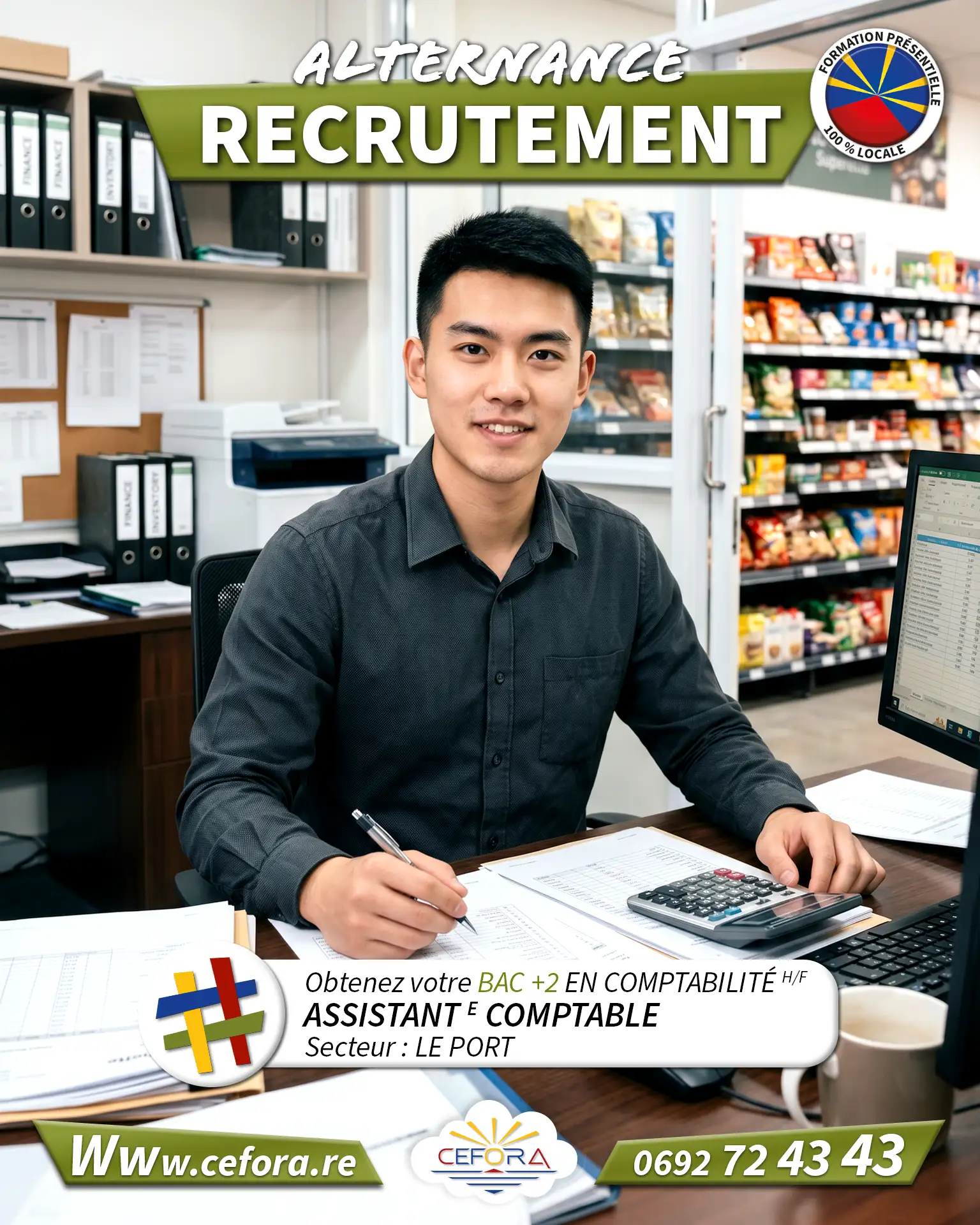Visuel représentant un apprenti comptable travaillant en alternance dans un commerce