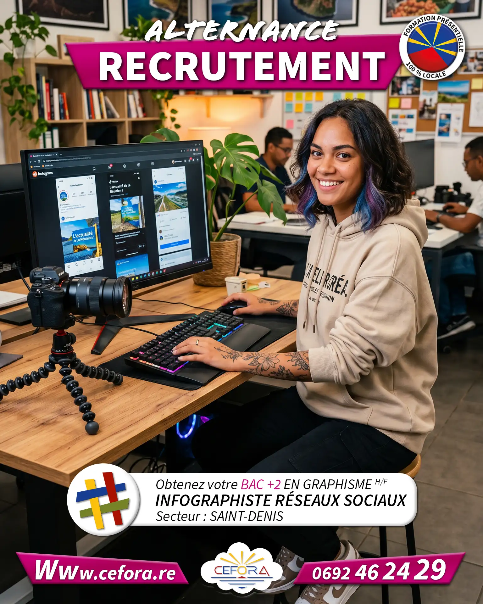Jeune infographiste spécialisée dans la communication sur les réseaux sociaux travaillant en alternance dans une société de journalisme pour obtenir son BAC +2 Graphiste