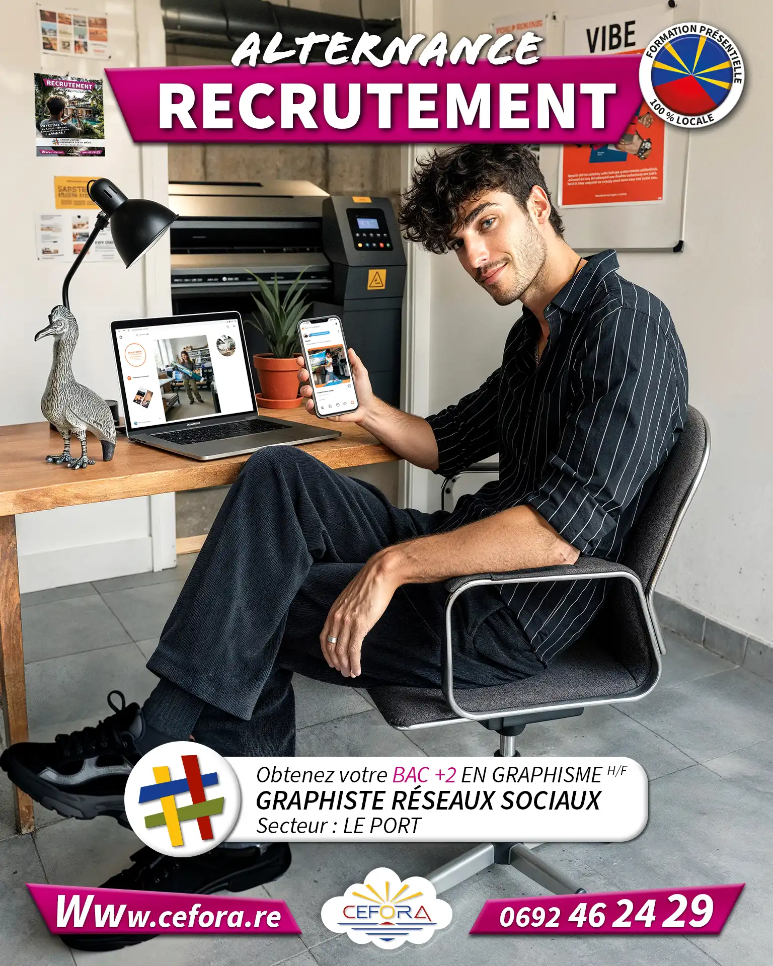 Visuel représentant un graphiste réseaux sociaux travaillant en alternance chez un imprimeur