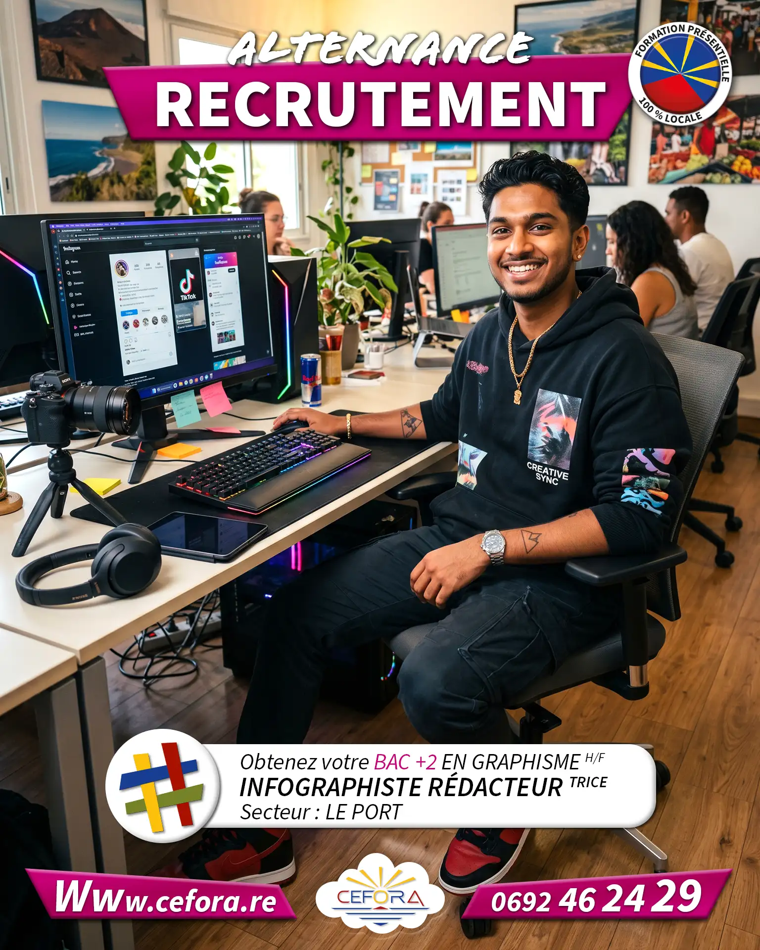 Jeune rédacteur en journalisme et inforgraphiste travaillant en alternance pour un magasine dans le but de valider son BAC +2 Graphiste en alternance