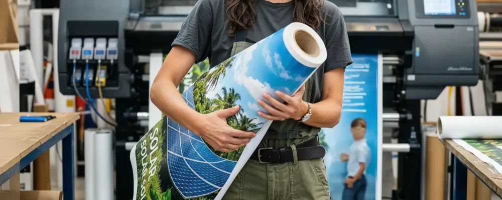 Visuel représentant une technicienne opératrice travaillant en alternance dans une imprimerie pour valider son titre professionnel graphiste