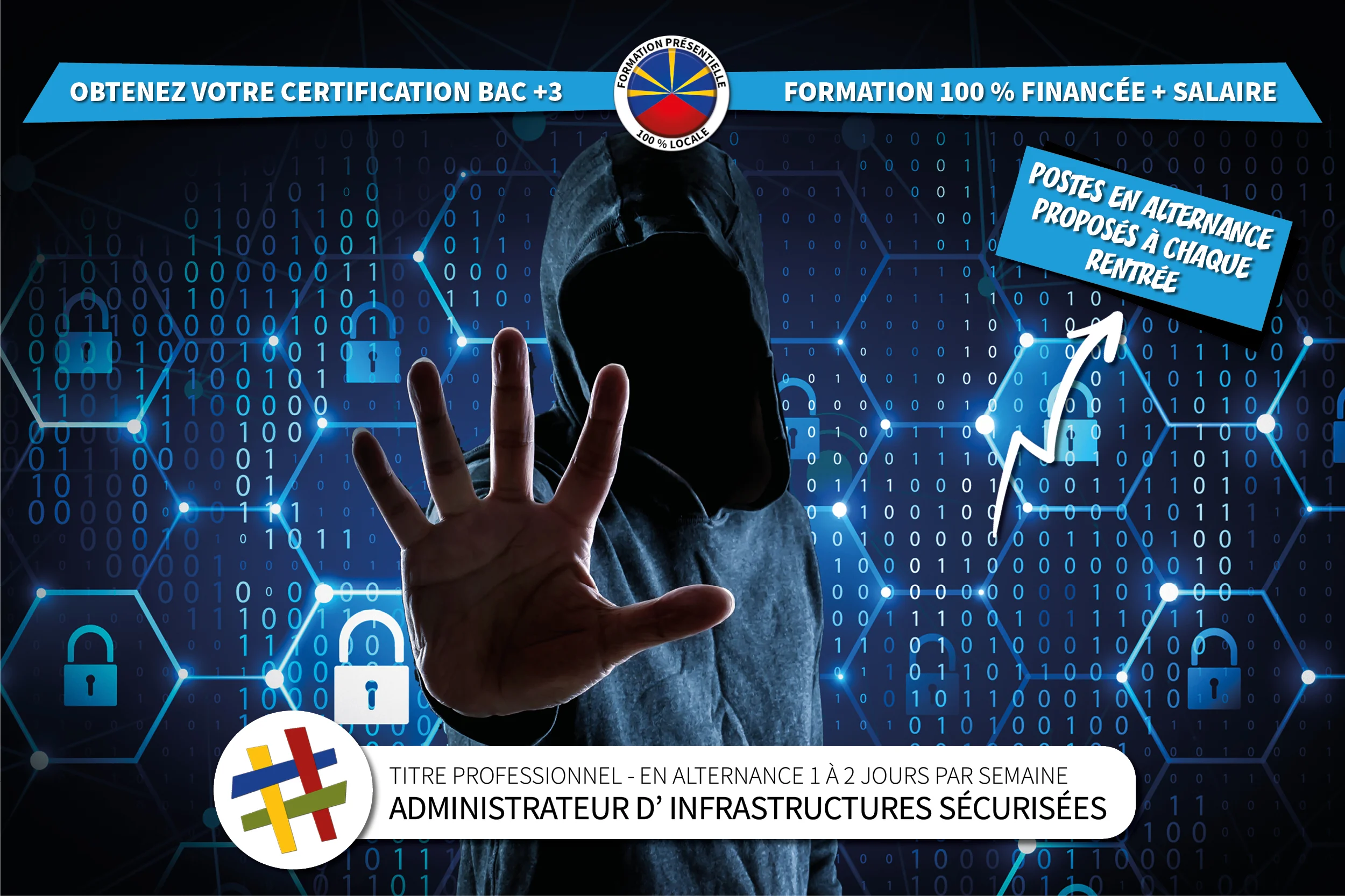 Visuel présentant la formation en alternance Administrateur d'Infrastructures Sécurisées. Développe  les compétences en Cyber Sécurité et en administration des systèmes. Dispensée au centre de formation CEFORA Le PORT 974