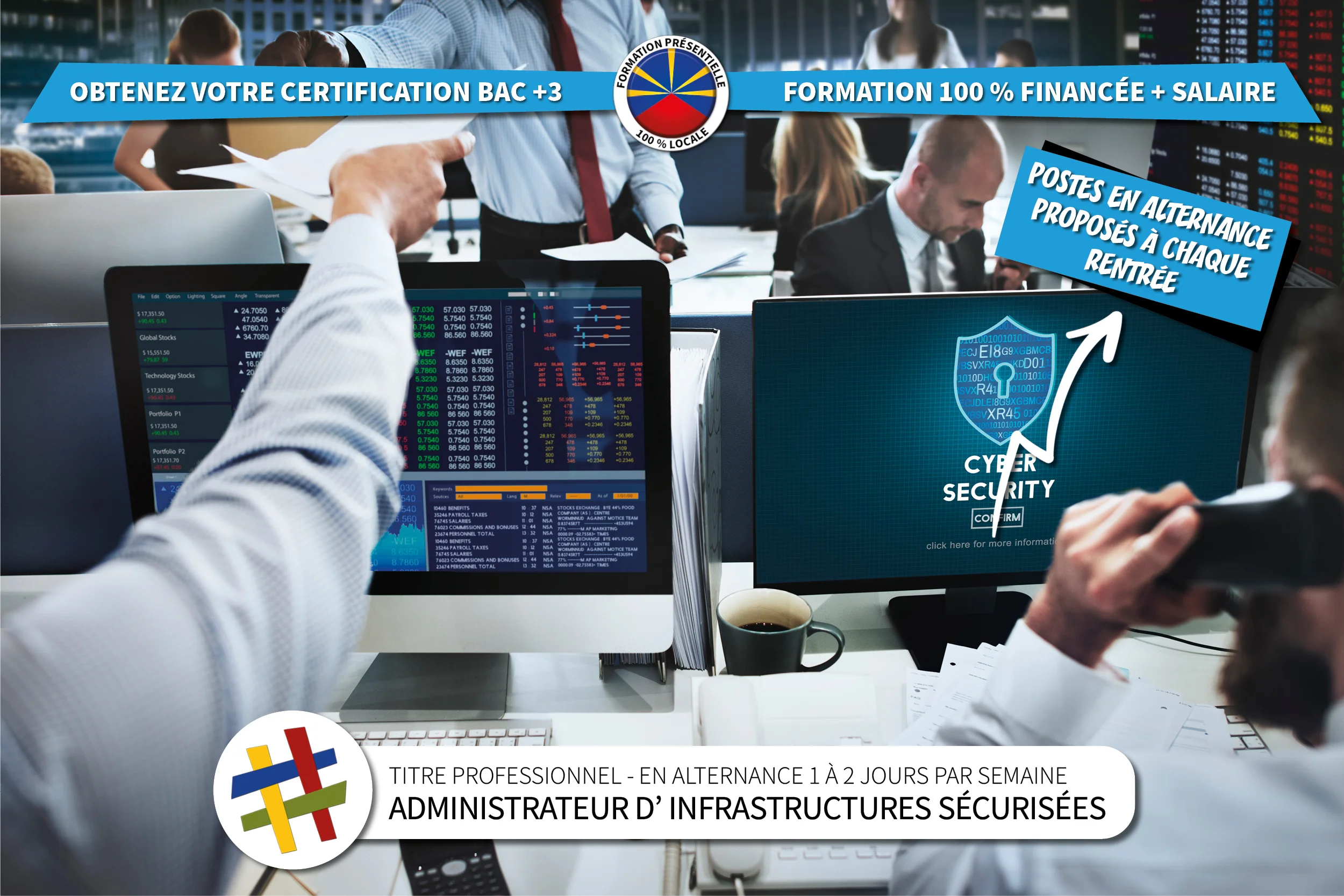 Visuel présentant le Titre Professionnel Administrateur d'Infrastructures Sécurisées développant les compétences générales en cyber sécurité et en administration réseau.