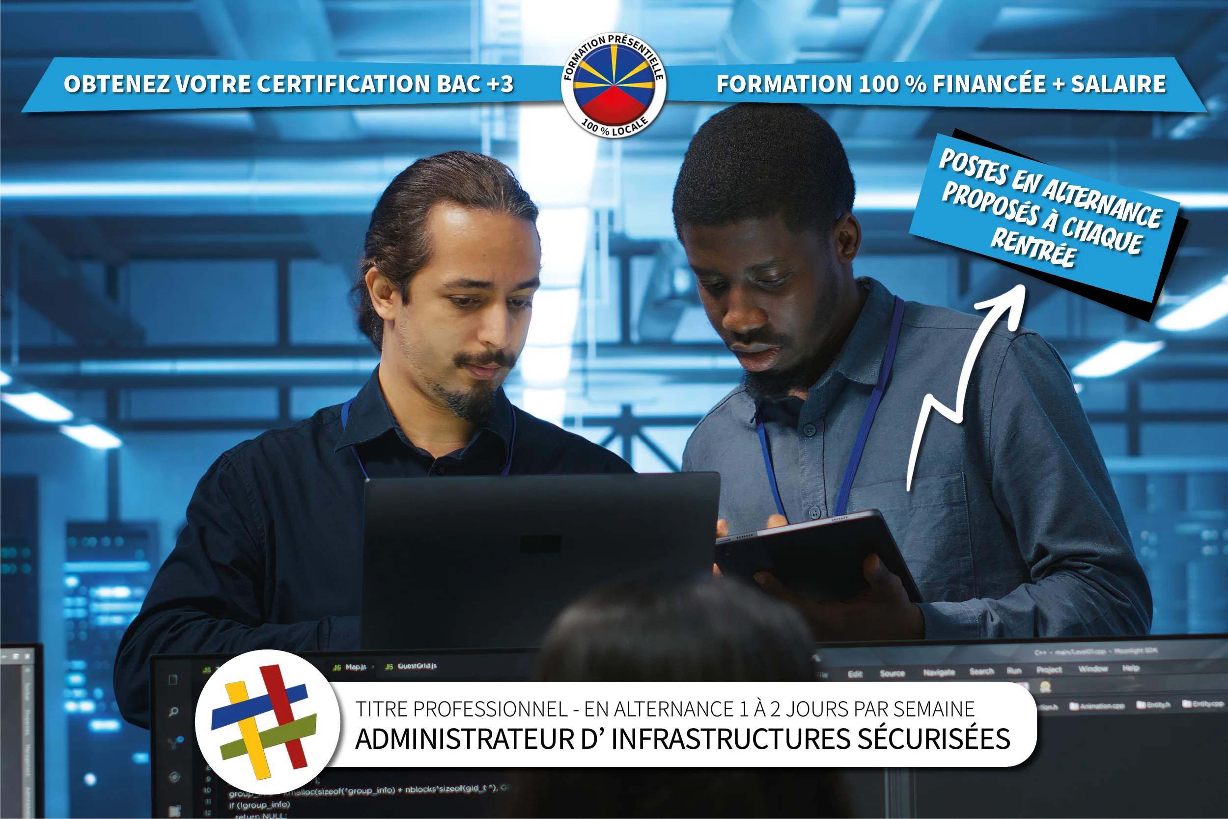 Visuel présentant l'offre de formation en alternance d'Administrateur d'Infrastructures Sécurisées au centre de formation CEFORA Le PORT 974