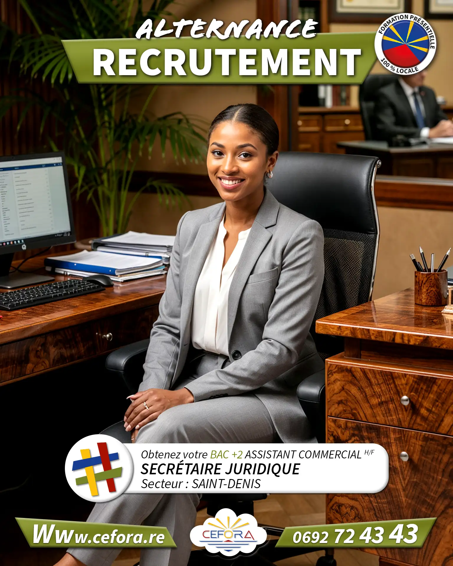 Visuel présentant le poste de secrétaire juridique en alternance avec le titre professionnel d'assistant commercial au centre de formation Cefora 974 LE PORT