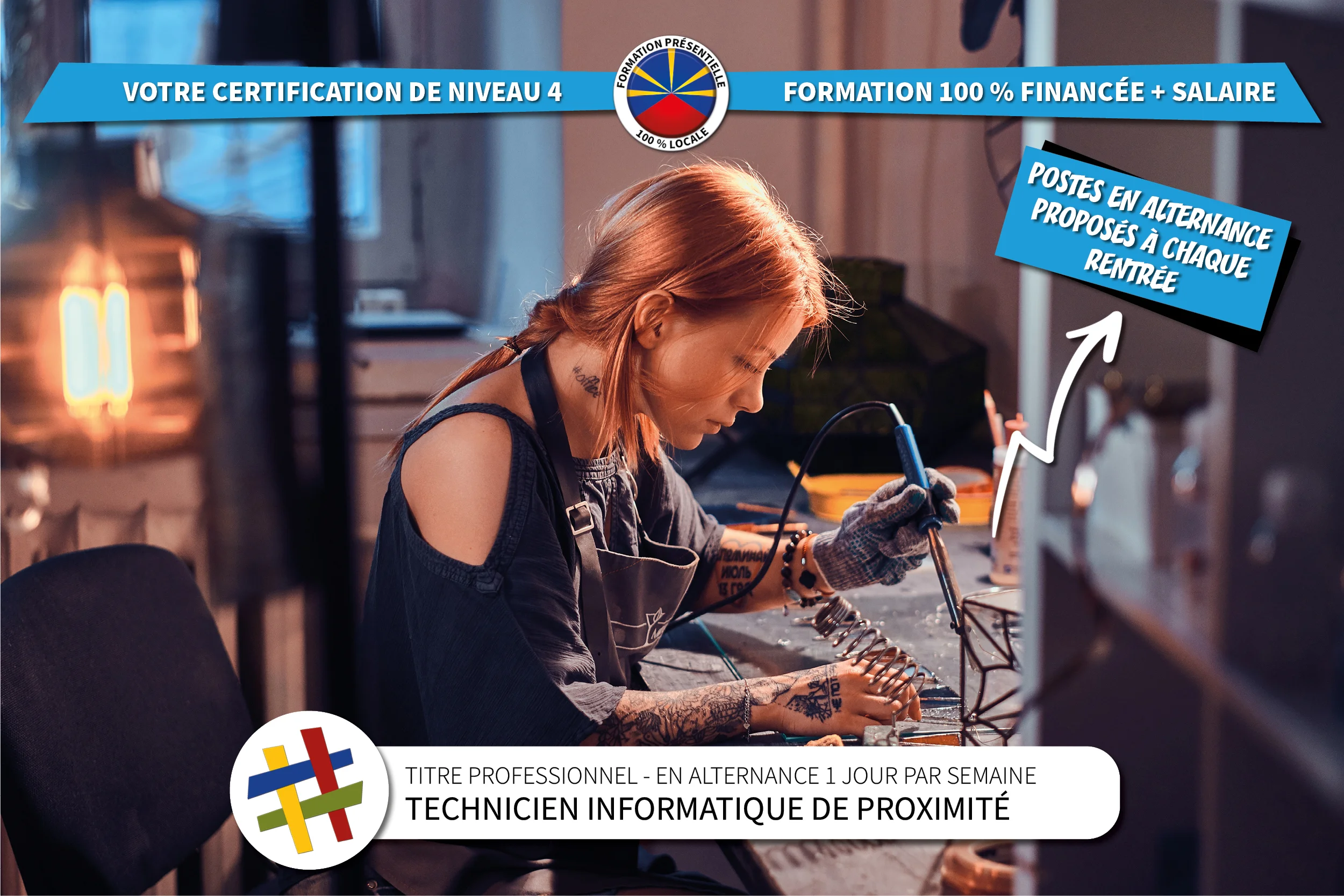 Visuel présentant la formation en alternance technicien informatique de proximité développant les compétences générales de maintenance informatique au centre de formation CEFORA LE PORT 974