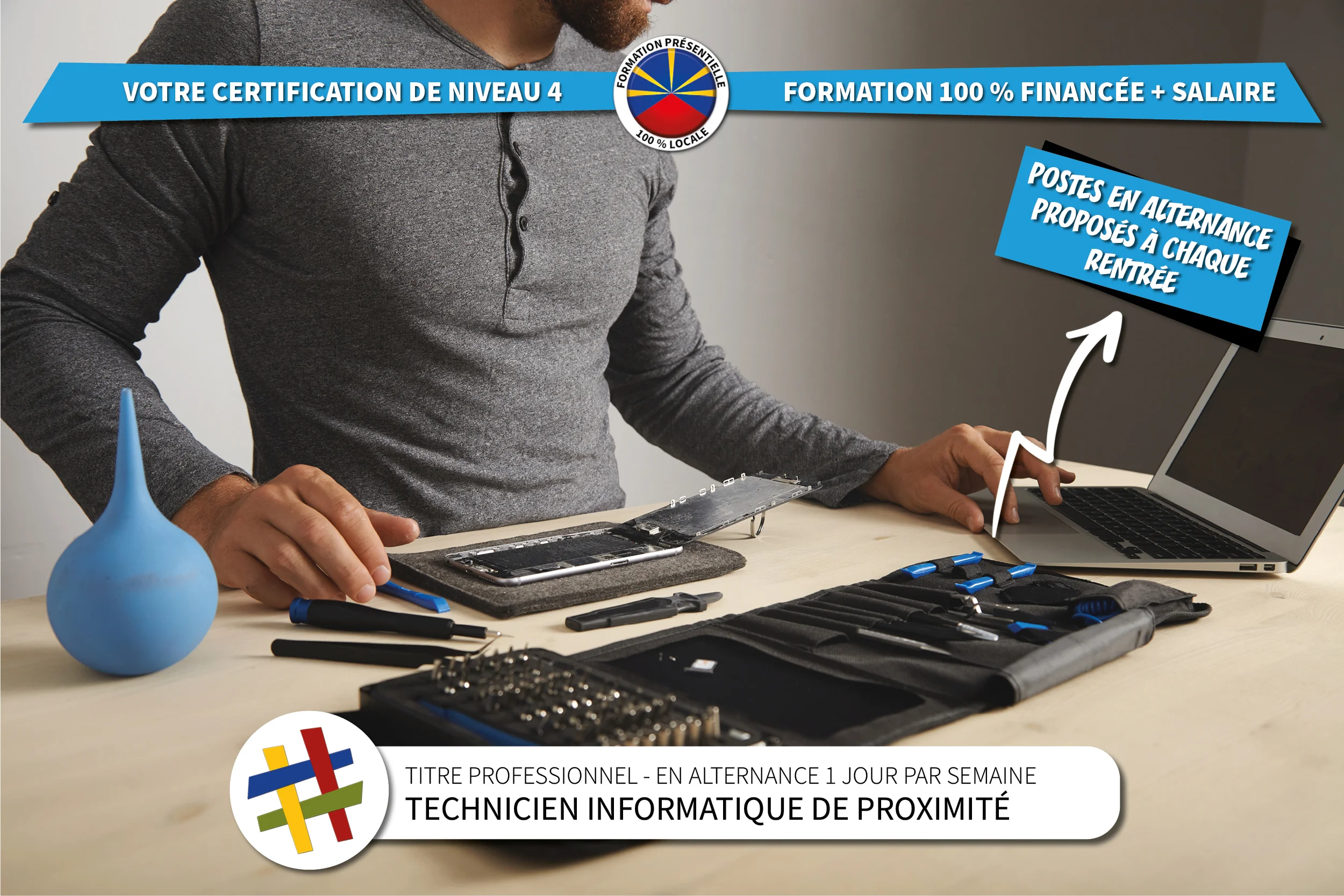 Visuel présentant la formation en alternance technicien informatique de proximité développant les compétences générales de service après vente au centre de formation CEFORA LE PORT 974