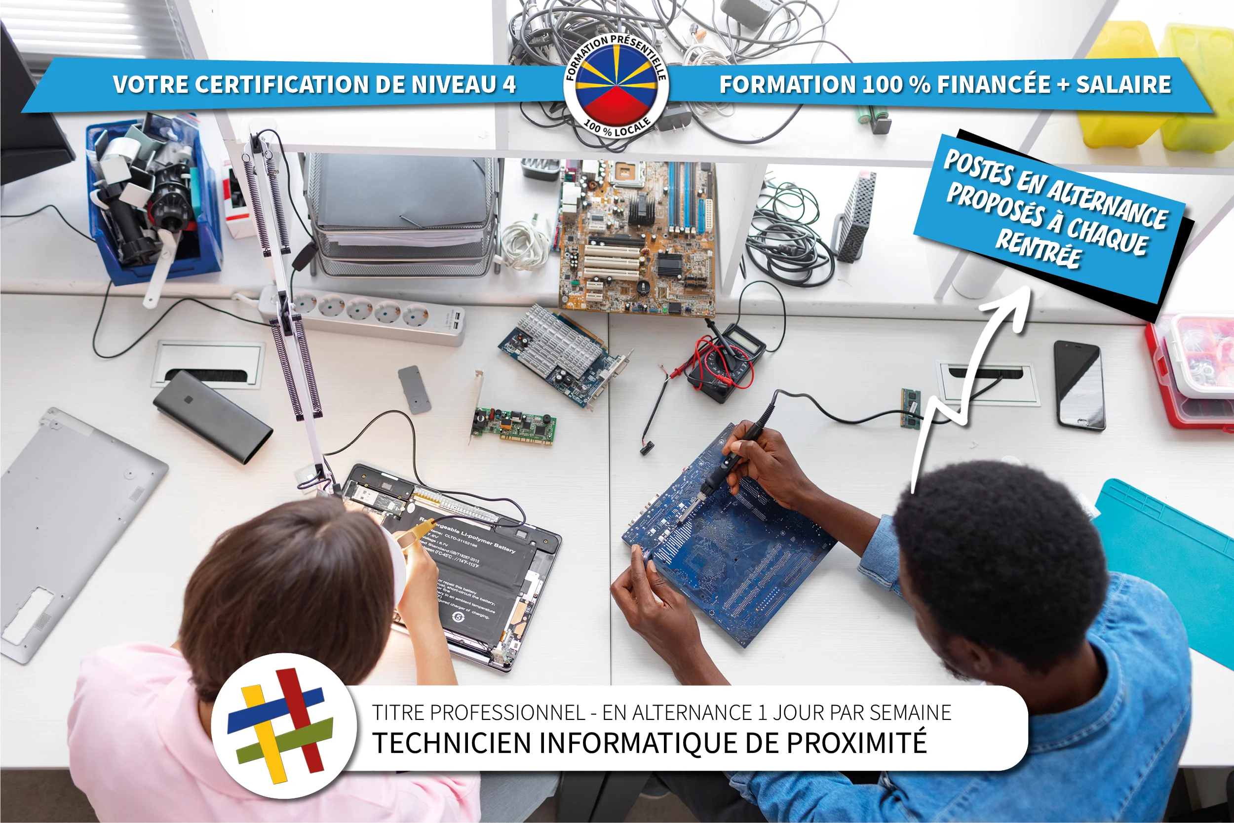 Présentation de la formation en alternance technicien informatique de proximité développant les compétences générales de d'installation et de support informatique au centre de formation CEFORA LE PORT 974