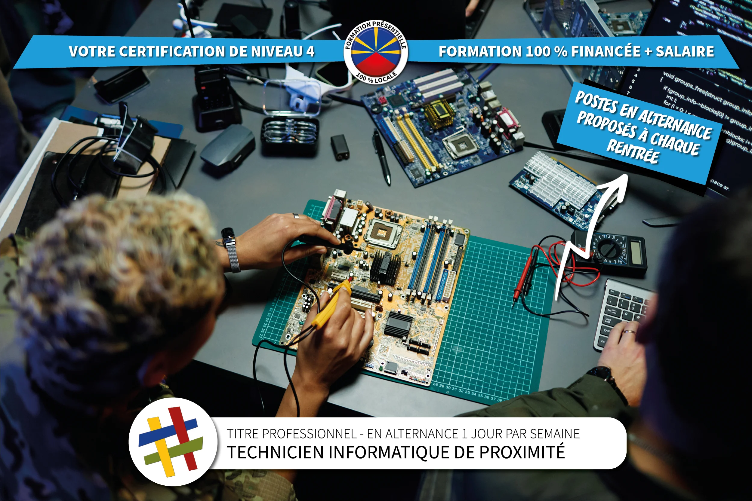 Présentation de la formation en alternance Titre Professionnel de niveau BAC technicien informatique de proximité développant les compétences générales de maintenance et déploiement informatique au centre de formation CEFORA LE PORT 974
