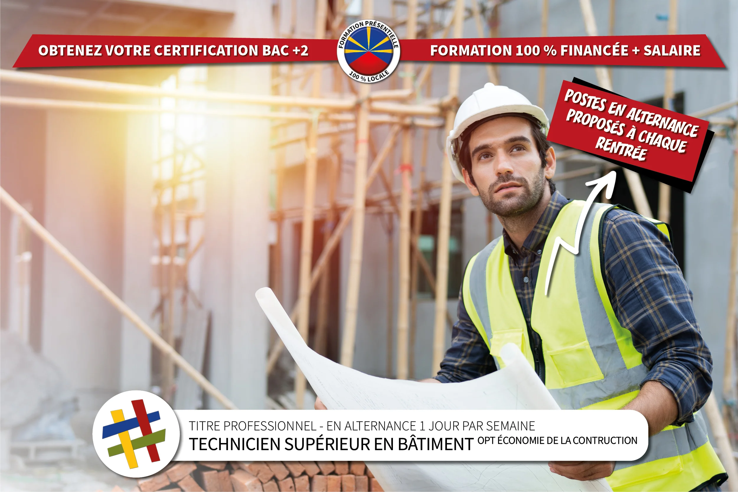 Offre de formation en alternance pour devenir technicien supérieur en bâtiment spécialisé en économie de la construction, au centre de formation CEFORA LE PORT 974