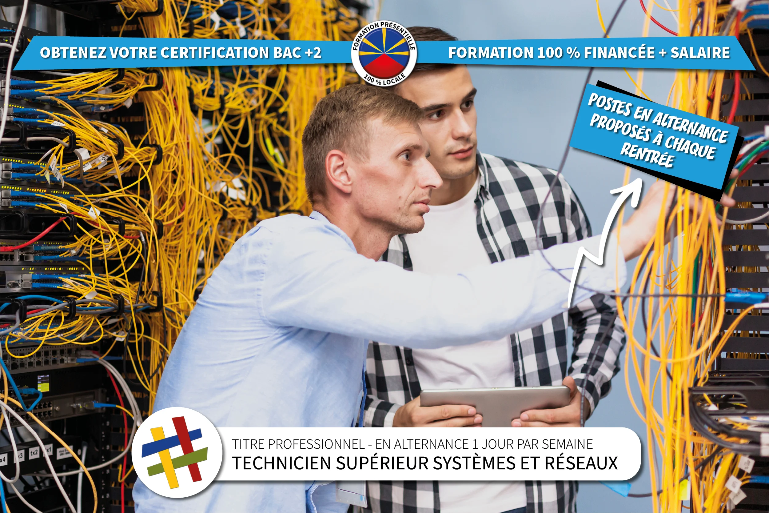 Visuel présentant la formation Technicien Supérieur systèmes et réseaux proposée en alternance au centre de formation Cefora. Développe les compétences en administration Système et réseau