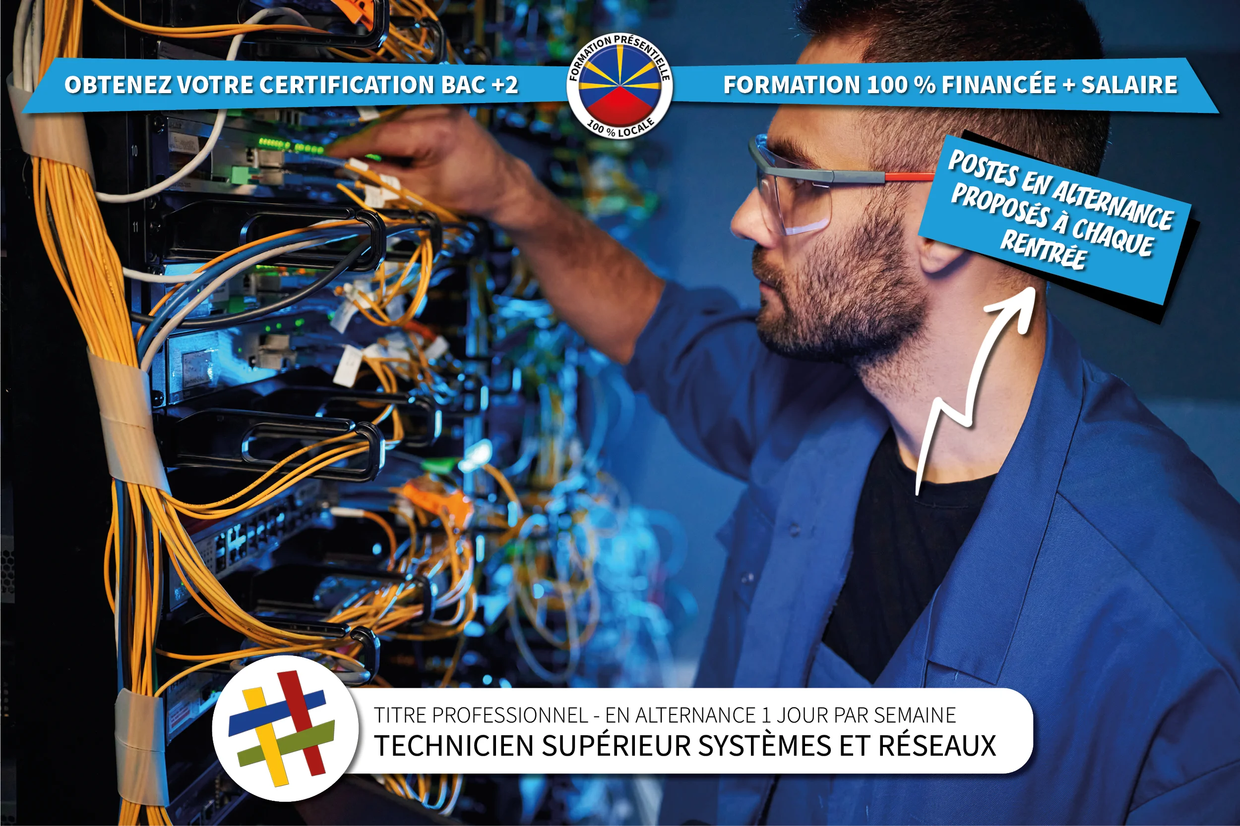 Visuel présentant la formation Technicien Supérieur systèmes et réseaux proposée en alternance au centre de formation Cefora. Développe les compétences en administration Infrastructures informatiques