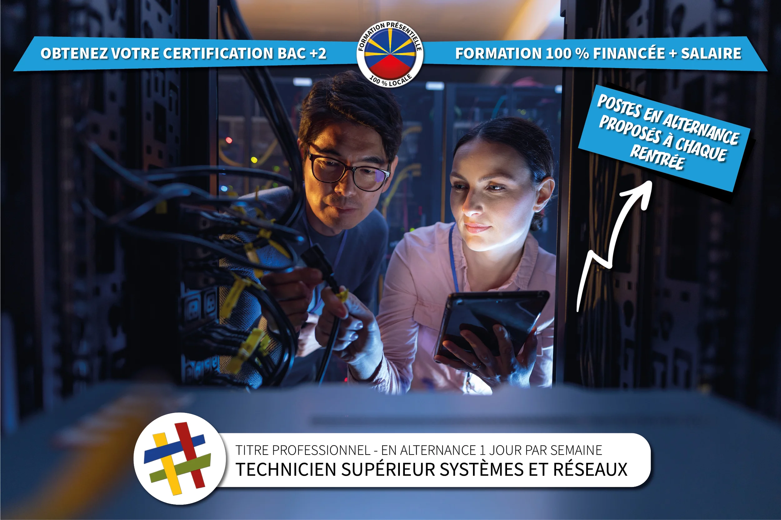Visuel présentant la formation Technicien Supérieur systèmes et réseaux proposée en alternance au centre de formation Cefora au Port 974
