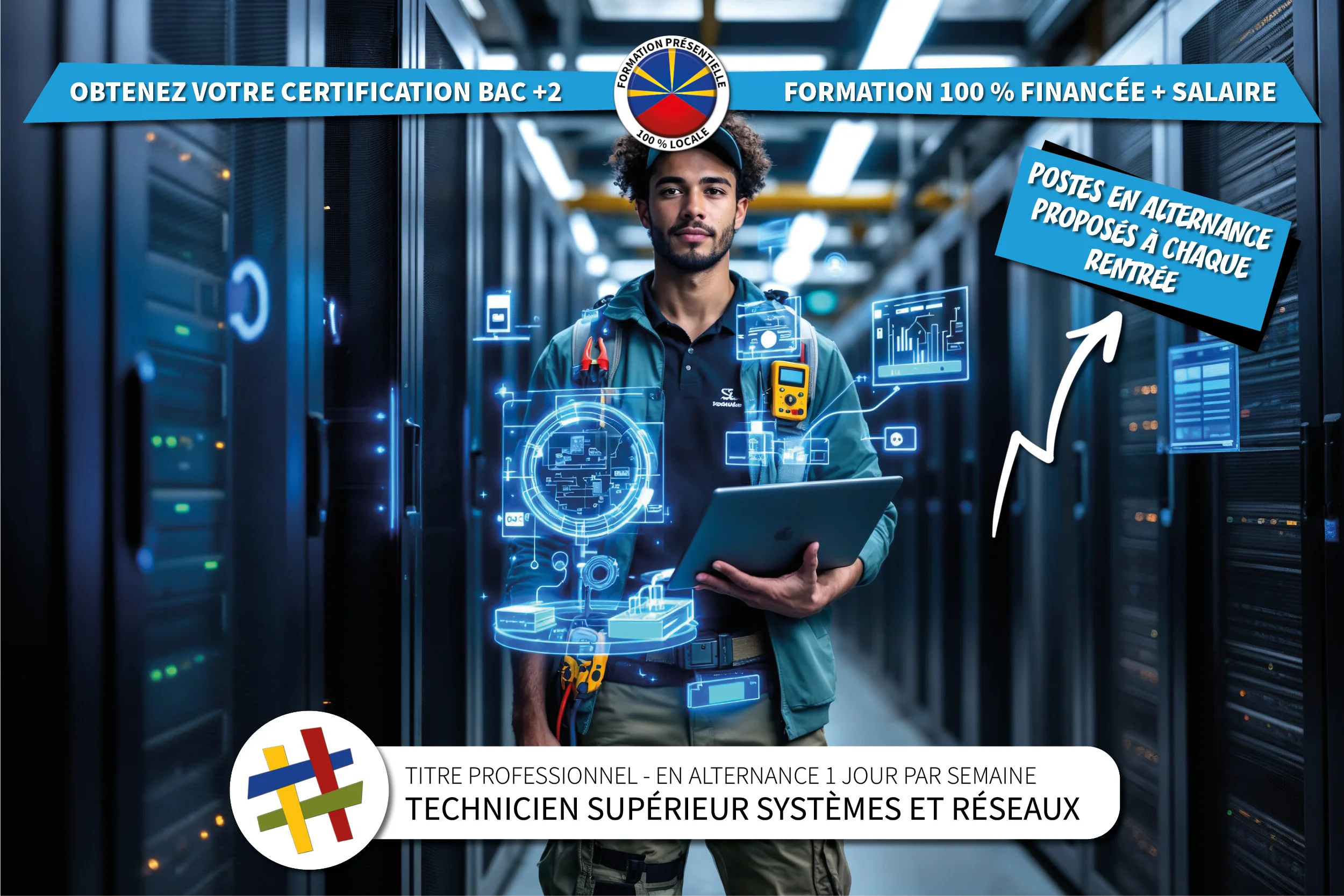 Visuel présentant la formation Technicien Supérieur systèmes et réseaux proposée en alternance au centre de formation Cefora. Développe les compétences en administration et maintenance des systèmes informatiques.