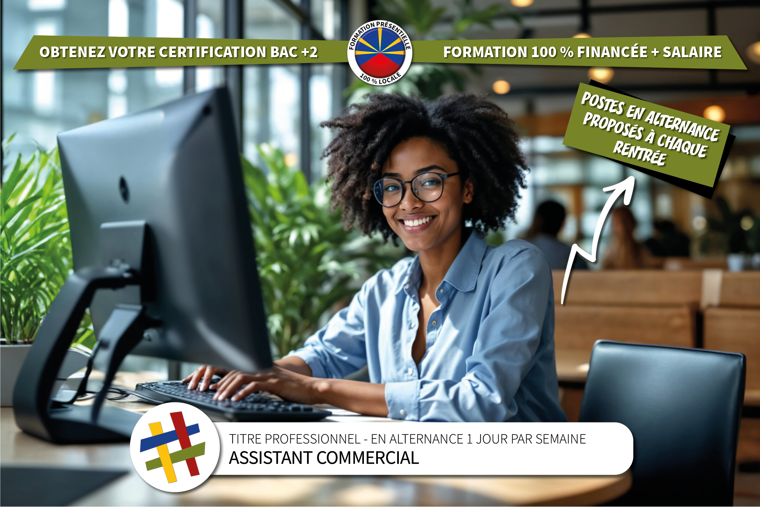 Visuel présentant une jeune assistante commerciale travaillant en alternance pour obtenir sa certification BAC +2 au centre de formation CEFORA