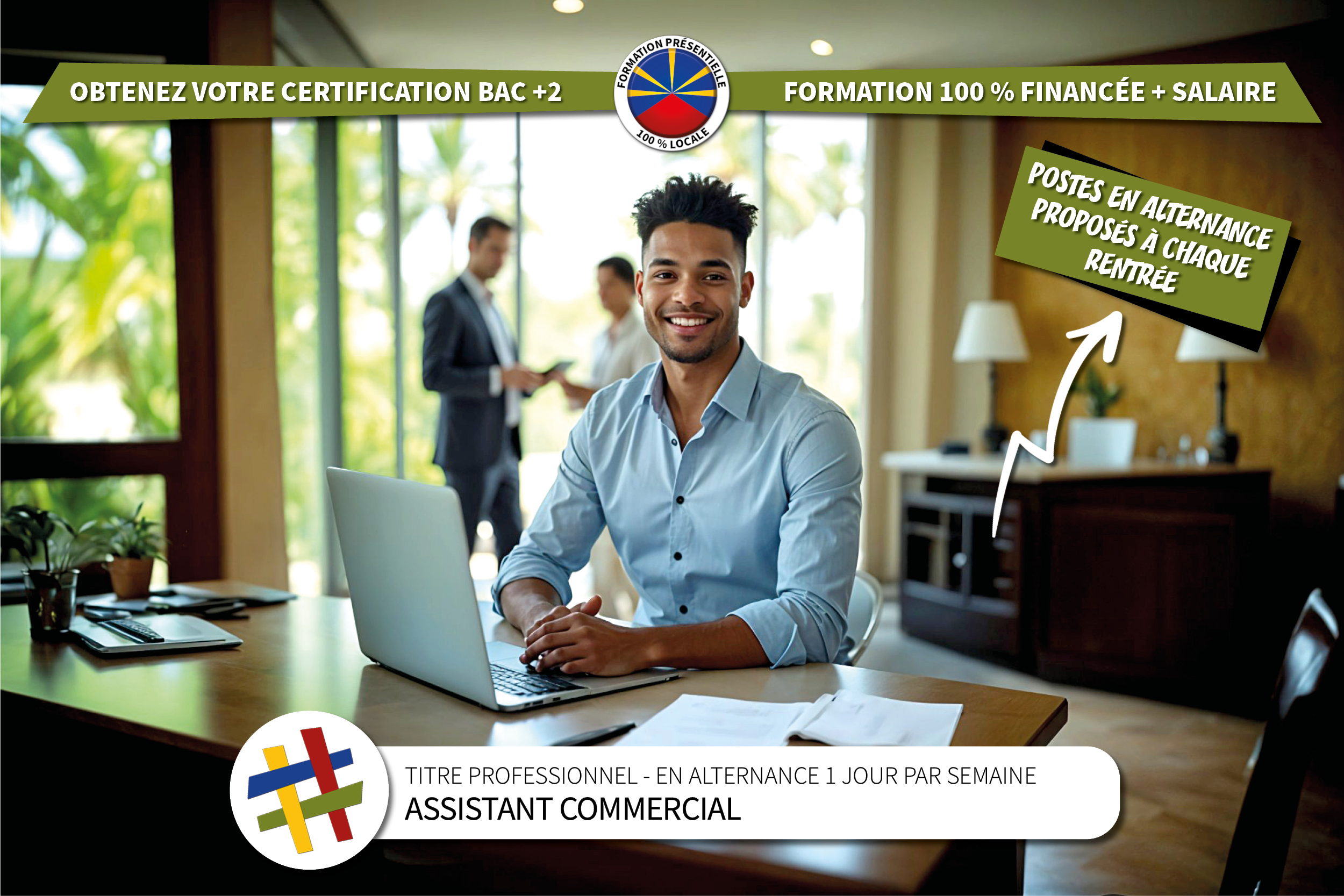 Visuel montrant un assistant commercial travaillant en alternance pour obtenir sa certification BAC +2 en apprentissage au centre de formation CEFORA - LE PORT 974