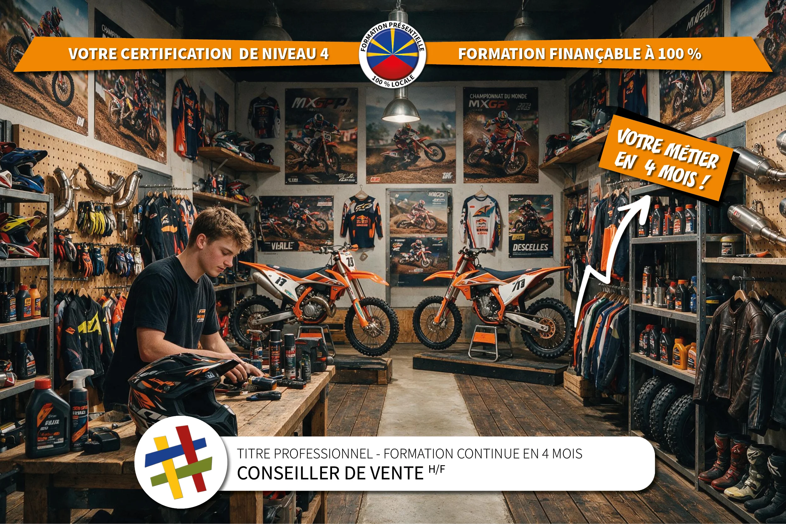 Jeune vendeur mettant ses produits en valeur dans un magasin de moto