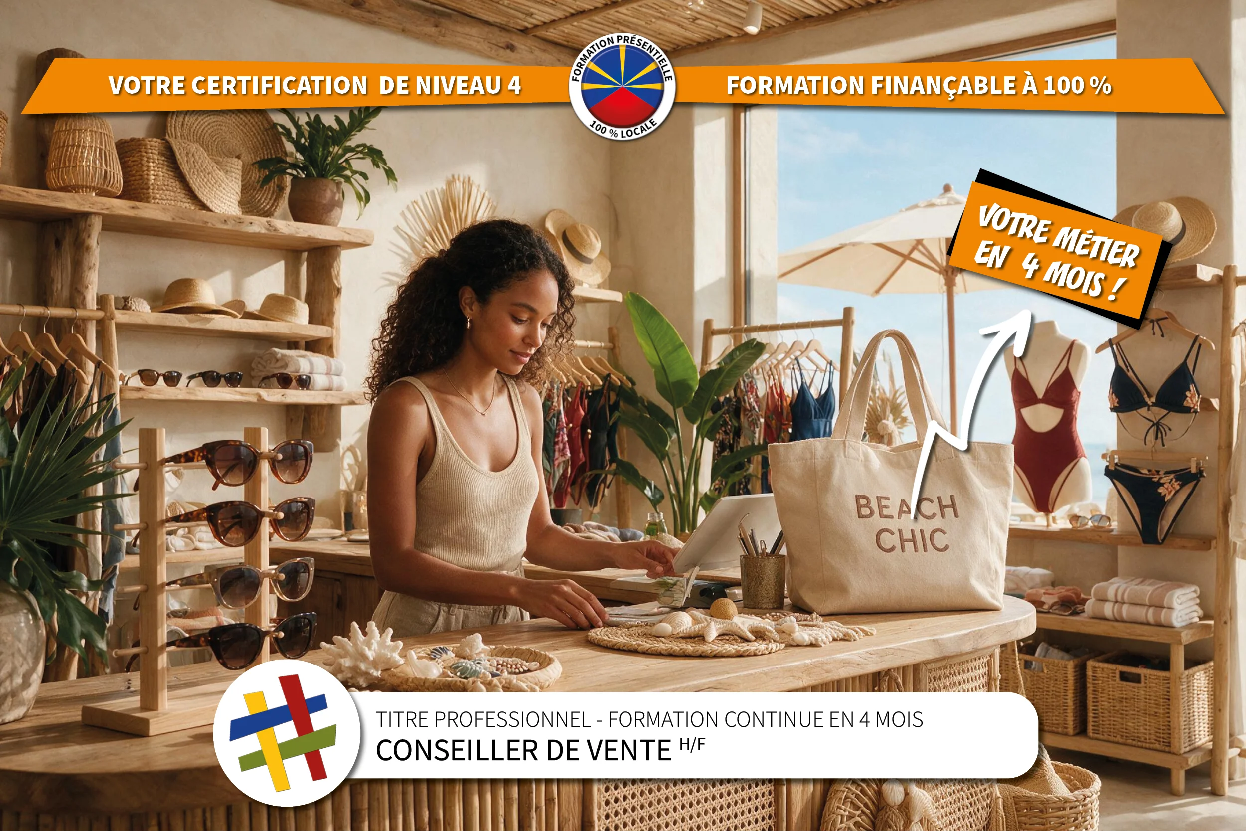 Jeune vendeuse travaillant dans un magasin de maillots de bains et de vêtements de plage