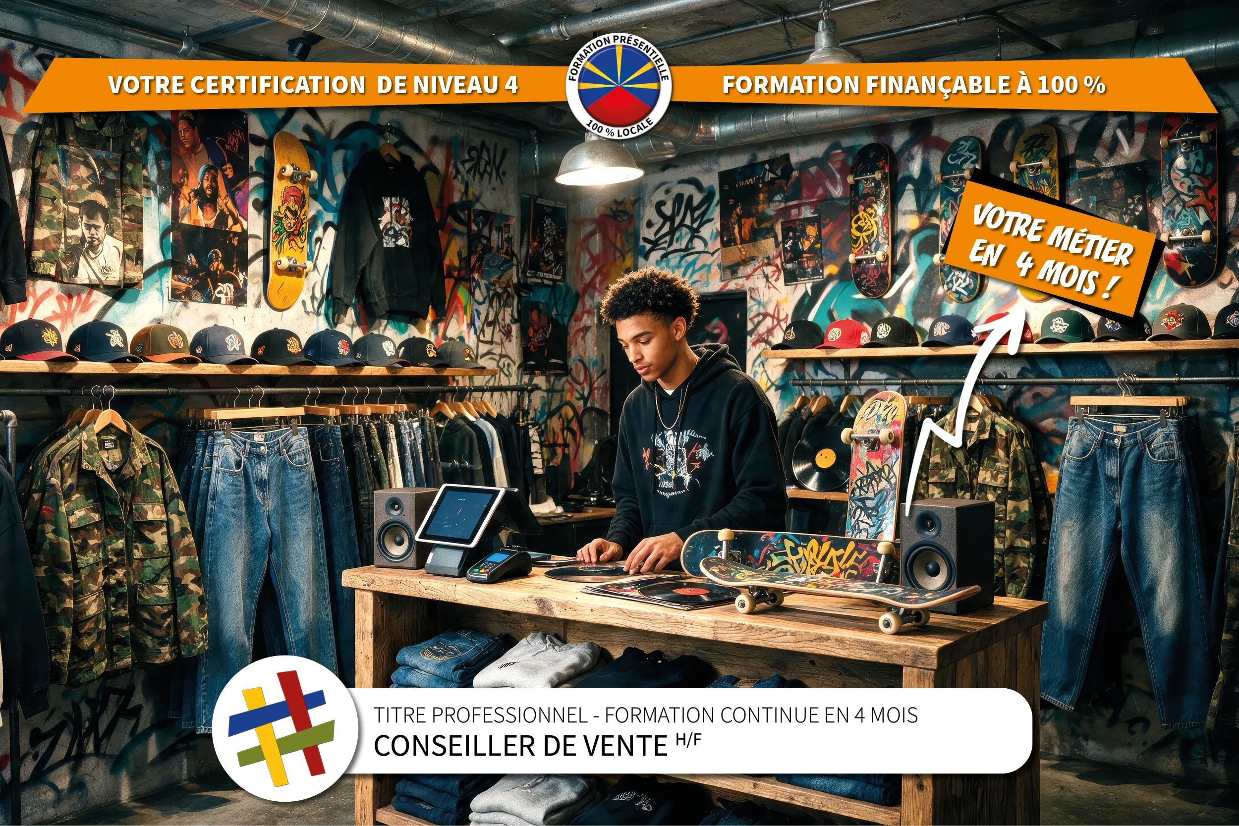 Visuel présentant un jeune conseiller de vente travaillant dans un magasin prêt à porter après avoir terminé sa formation de Conseiller de vendeur au centre de formation CEFORA Le Port 974