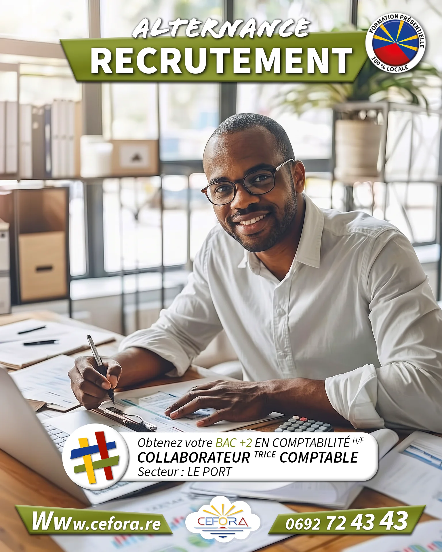 Visuel présentant un poste de collaborateur comptable en alternance au centre de formation CEFORA Le Port 974